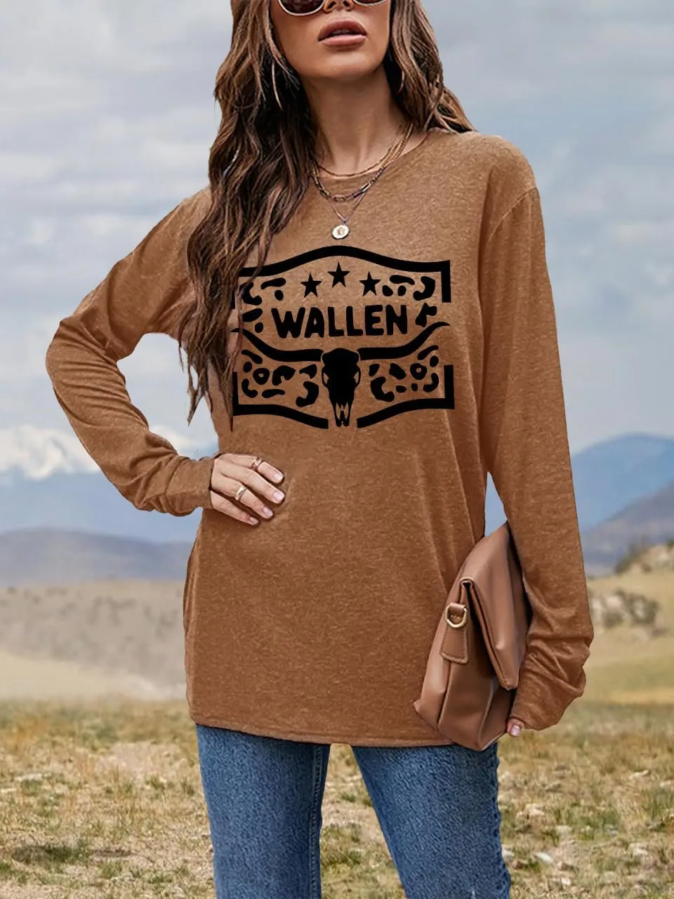 Women's Western Cowgirl Long Sleeve Shirts Vintage Country Music Fall T-Shirt Hiking Travel Sweatshirt Tops