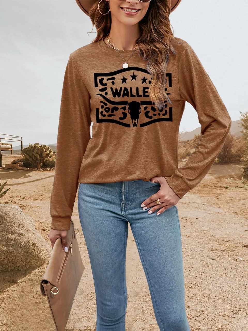 Women's Western Cowgirl Long Sleeve Shirts Vintage Country Music Fall T-Shirt Hiking Travel Sweatshirt Tops