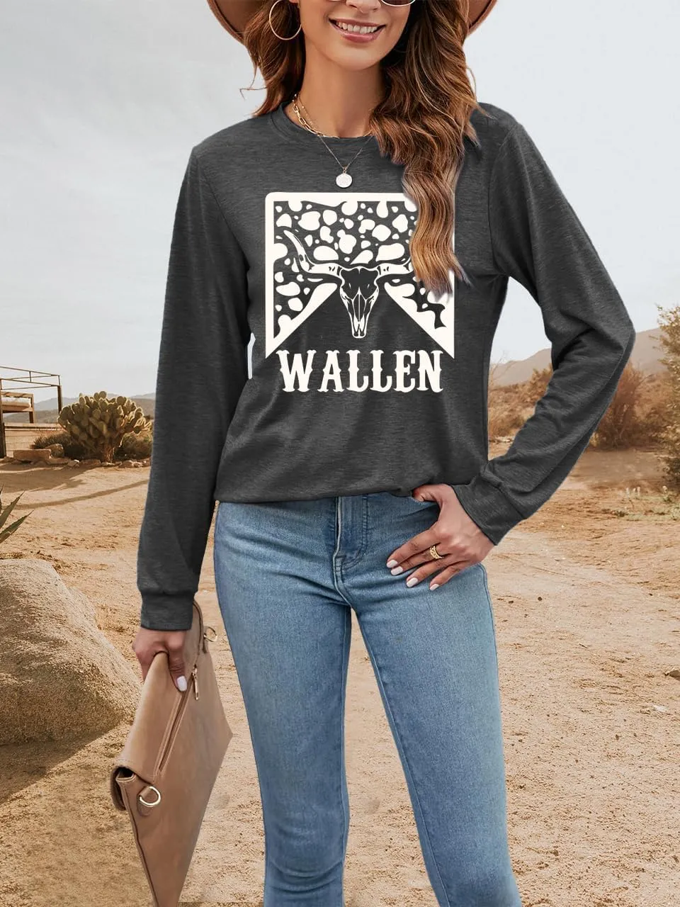 Women's Western Cowgirl Long Sleeve Shirts Vintage Country Music Fall T-Shirt Hiking Travel Sweatshirt Tops