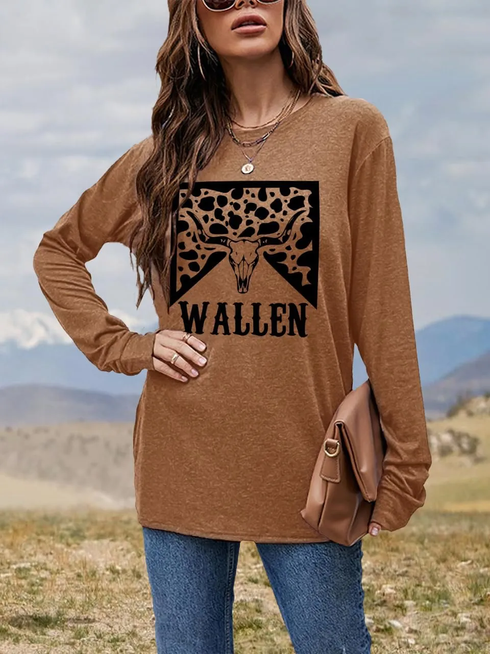Women's Western Cowgirl Long Sleeve Shirts Vintage Country Music Fall T-Shirt Hiking Travel Sweatshirt Tops