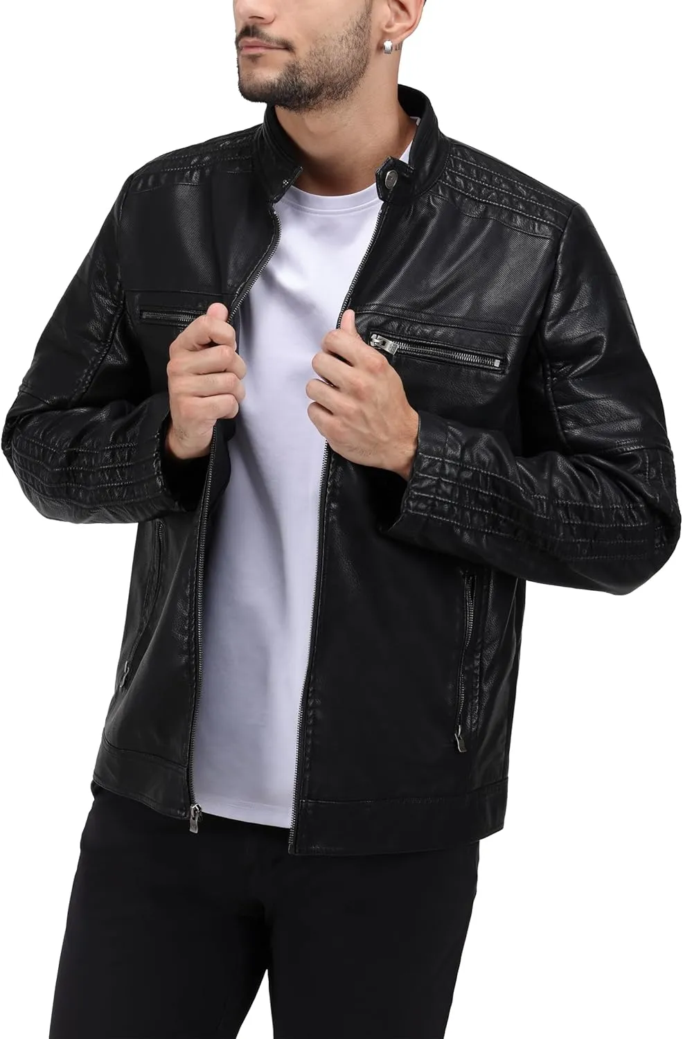 X RAY Mens Faux Leather Jacket with Hood, Hooded Stand Collar PU Leather Jacket for Men, Black, Large