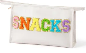 Y1tvei Large Snack Bag - Colorful Snack Chenille Letter Zipper Pouch for Travel, PU Leather Makeup Bag, Waterproof Portable Cosmetic Bag, Flat Pouch Travel Organizer for Women (White)