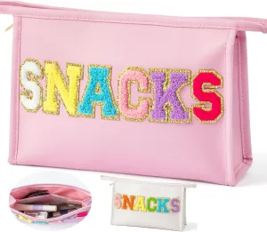 Y1tvei Large Snack Bag - Colorful Snack Chenille Letter Zipper Pouch for Travel, PU Leather Makeup Bag, Waterproof Portable Cosmetic Flat Pouch Travel Organizer for Women (Pink)