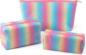 Y1tvei Rainbow Gradient Makeup Bag - 3Pcs Rainbow Colored Gradient Makeup Bag Colorful Leather Waterproof Fantasy Cosmetic Pouch Carry Makeup Brush Bag Zipper Travel Toiletry Organizer Gifts for Women