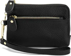 ZOOEASS Women Leather Coin Purse,Large Opening For Easy Access,With Wrist Strap(Black)
