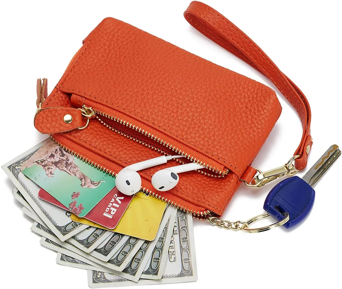 ZOOEASS Women Leather Coin Purse,Large Opening For Easy Access,With Wrist Strap(Orange)